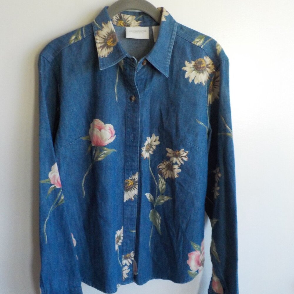Liz Claiborne Blue Denim Floral Button-Down Shirt